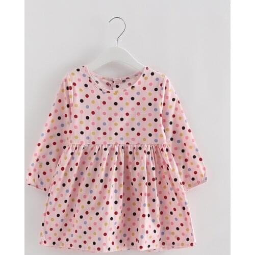 JALAIRO New Spring Autumn Summer Kids Lovely Long-sleeve Pink Dots O-neck Printed Woven Cotton Girls Casual Dresses