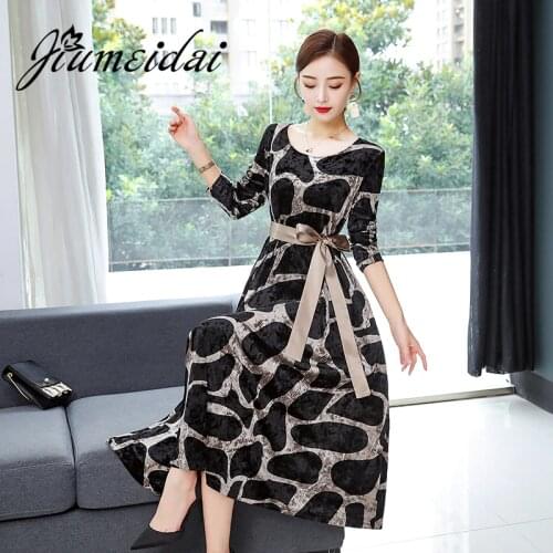 JiuMeiDai 2020 Women Chinese Style Velvet Dress Lady Elegant Printed Dresses Female O-Neck Vintage Party Clothing Plus Size