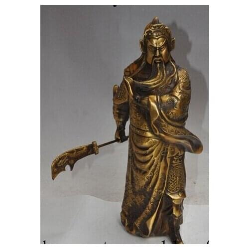 Xd 003081 14"chinese bronze dragon stand guan gong guanyu Soldier General god Knife statue