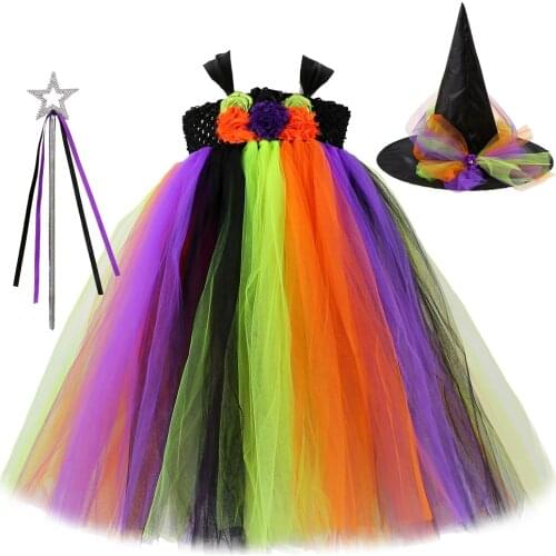 Evil Witch Costumes for Girls Kids Halloween Long Tutu Dress Princess Girl Carnival Party Costume Children Birthday Dresses Set