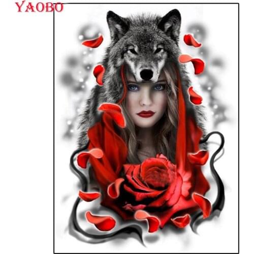 Needlework DIY 5D Diamond Painting Wolf woman and rose Cross Stitch kits Diamond Embroidery mosaic Decor 3d picture of rhineston
