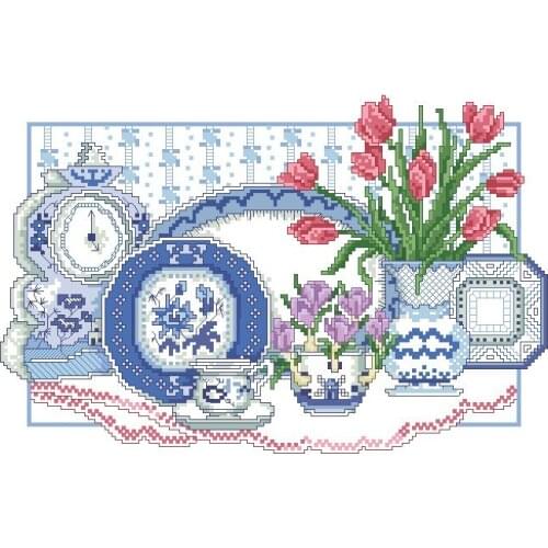 Lovely kit 19-20 Cross stitch Handmade 14CT Counted Canvas DIY,Cross-stitch kits,Embroidery Flower Celadon Vase 39-29
