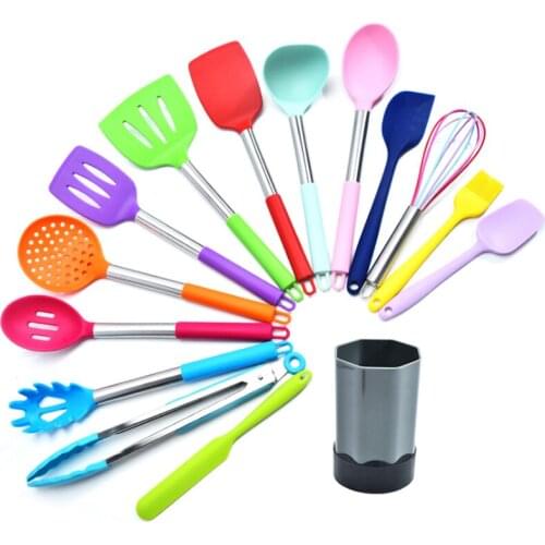 15Pcs Cooking Tools Set stainless steel+Silicone Kitchen Cooking Utensils Set Cookware Storage Box Turner Spatula Spoon Whisk