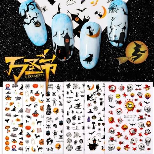 Halloween Bat Witch Nail Art Sticker New 3D Tips Holiday Nail DIY Decorations Bat Pumpkin Design Water Transfer Sliders Decals