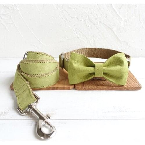 Green brown dog collar and leash set with bow tie for big and small dog cotton fabric collar metal buckle
