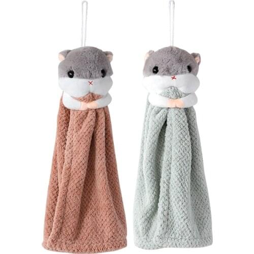 Coral fleece Cartoon Hangable Hand Towel Cute Hamster Absorbent kitchen Bathroom Thickened Small Towel Soft Hand Towels Kids