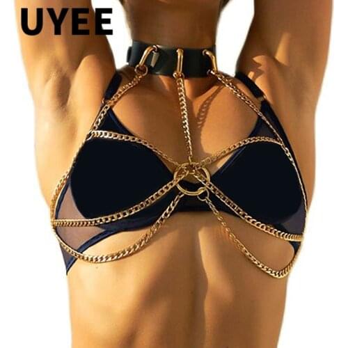 UYEE Luxury Gold Body Chain Garter Harness Women Bondage Bra Cage PU Leather Strap Sexy Pink Thigh Harajuku Lingerie Chain Belts