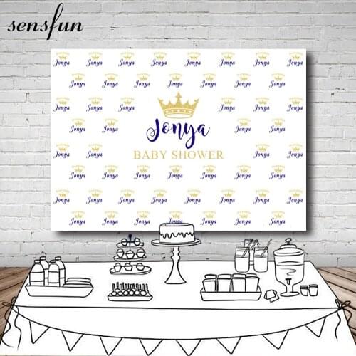 Sensfun Princess Baby Shower Backdrop For Kids Gold Crown Name Step And Repeat White Backgrounds For Photo Studio 7x5FT Vinyl