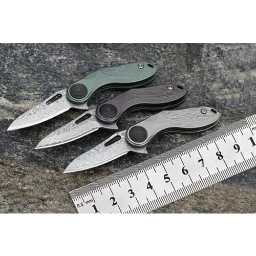 Mini Folding Knife High Quality Damascus Steel Blade Necklace Keychain Knife Outdoor Fishing EDC Carbon Fiber + Titanium Handle