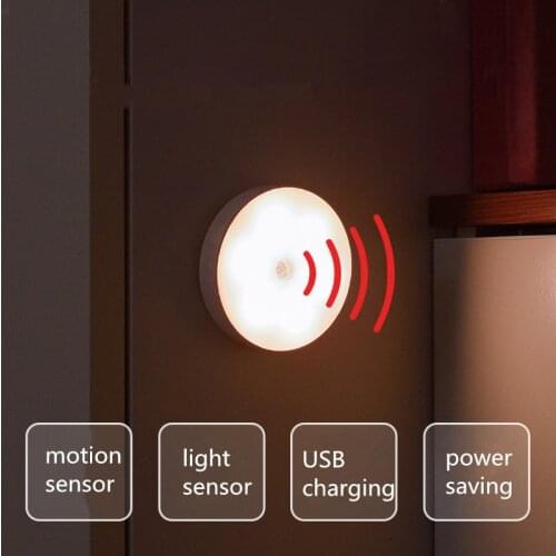 LED motion sensor night light USB rechargeable round square night lights for bedroom wardrobe kitchen cabinet induction lighting