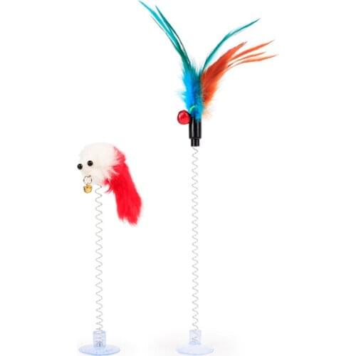 Spring Cat Toy Funny Suction Cup Spring Mouse Feather Pet Toy Multicolored Cat Feather Wand Pet Interactive Cat Toys Supplies