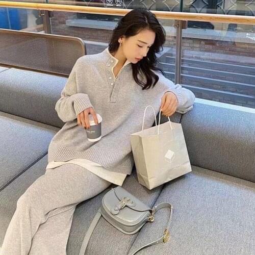 Vintage Turtleneck Knitted Sweater Pullovers + Long Trousers Set Two Piece Set Wide Leg Pants Tracksuit Outfits Sportswear C852