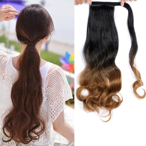 YiHan Wavy Ponytail Fake Hair For Women 22" Wrap Around Long Wave Clip In Ponytail Hair Extensions Brown Ponytail Synthetic Hair