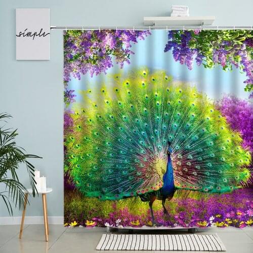 Peacocks Animal Shower Curtain Blue Green Feather Flowers Plant Garden Scenery Bathroom Wall Decor With Hooks Waterproof Screen