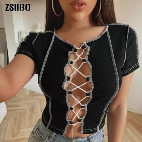 Sexy hollow out bandage tops women neon color Ribbed knitting tee shirt female 2021 Summer club party street casual wear