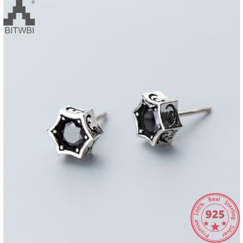 Factory Price 100% 925 Sterling Silver Fashion Minimalism Black Zircon Stud Earring Fine Jewelry for Female