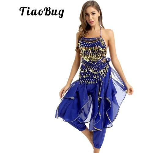 Women Stage Performance Festival Rave Clothes Halter Padded Top with Gold Trim Harem Pants Hip Scarf India Belly Dance Costumes