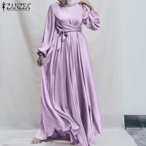 Womens Islamic Sundress 2021 ZANZEA Elegant Muslim Dress Long Sleeve Satin Vestidos Female Marocain Turkish Maxi Robe Belted