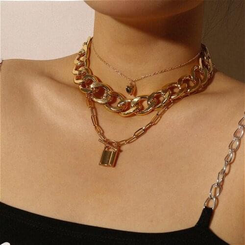 Trendy Design Lover Lock Pendant Necklace For Women Gold Color Thick Chain Heart Choker Multilayered Necklaces Jewelry
