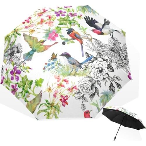 Non-Automatic Umbrella Rain Flower Pattern Bird Peony Colorful Folding Umbrellas Black Coating Anti UV Parasol Womens Umbrella