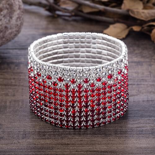 12 Rows Red and Clear Crystal Combination Wedding Bracelet Silver Plated Bridal Jewelry Rhinestone Stretch Bangles Bracelet