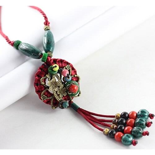 12 Pieces/Lot Ceramic Long Necklaces Handmade Gold Color Flower Pendants Big Woven Rope Chains Bohemian Ethnic Women Accessory