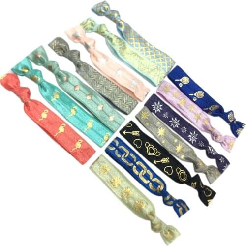 120pcs/Lot Star Flower Flamingo Geometry Gold Foil Fold Over Elastic Hair Band Letter FOE Ribbon Bracelet Ponytail Holder