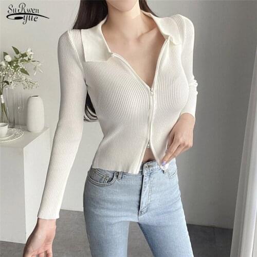 2021 Solid Basic Cropped Pullover Autumn Fashion Clothing Top Winter Sexy Double Zipper Front Knitted Sweater Coat Women 17046