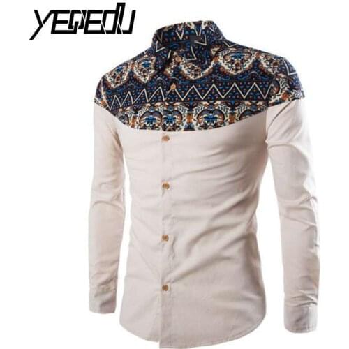 #4715 Vintage Spliced Long sleeve shirt men Chinese shirt Fashion Spring Autumn 2018 Mens shirts regular fit Chemise homme M-4XL