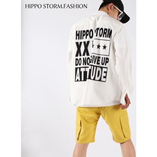 White shirt printed long-sleeved shirt personality tide mens shirt solid color shirt Korean nightclub shirt