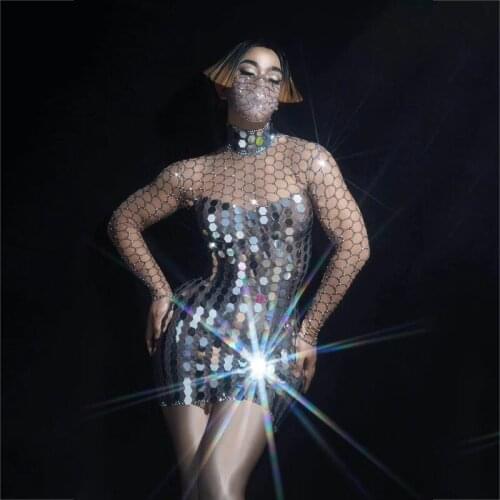 Flashing Silver Sequin Sexy Mesh Short Dress Rave Outfit Pole Dance Clothes Birthday Celebrate Prom Wear Novelty Outfit XS1345