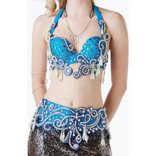2019 Women Dance Wear Top Grade Egyptian Belly Dance Clothes Oriental Dance Costume Set Beaded Rhinestone Bra and Belt
