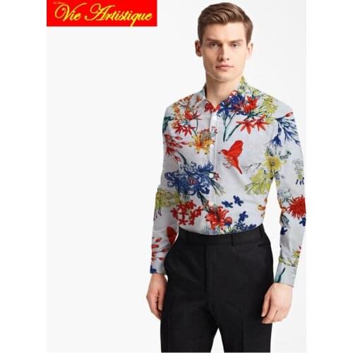 Custom tailor made Mens bespoke cotton floral shirts business formal wedding ware blouse white print birds blue flower fashion