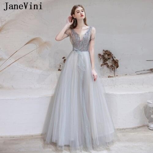 JaneVini Luxury Dubai Light Gray Long Evening Dresses Beaded Crystal 2021 Sexy V Neck Short Sleeve See Through Tulle Formal Gown
