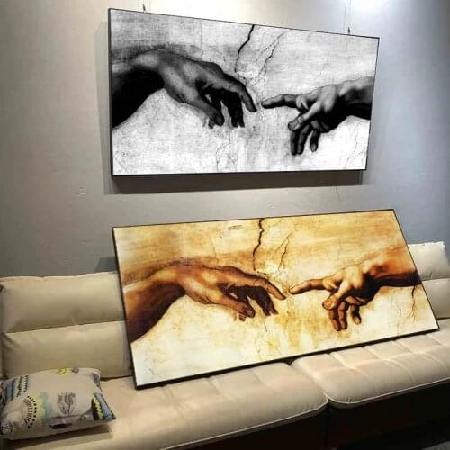 Hand of God Creation of Adam Black & White Canvas Painting Print on Canavs Wall Art Pictures for Living Room Decor (No Frame)