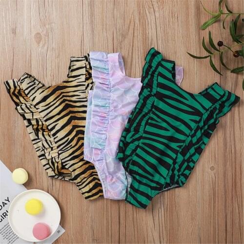 Baby Girl Swimsuit Leopard Toddler One-piece Swimwear Green Yellow Leopard Print Purple Fish Scale Ruffled One-piece Swimsuit
