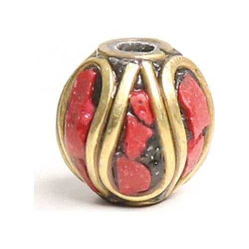 Nepal Hand Brass Beads 10PCS Inlay Red Coral Color Stone for DIY Jewelry Accessories Bracelets NBB336