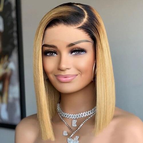 Ombre Honey Blonde Silky Straight Lace Front Wig For Black Women Human Remy Hair Babyhair Preplucked Brazilian Short Cut Bob