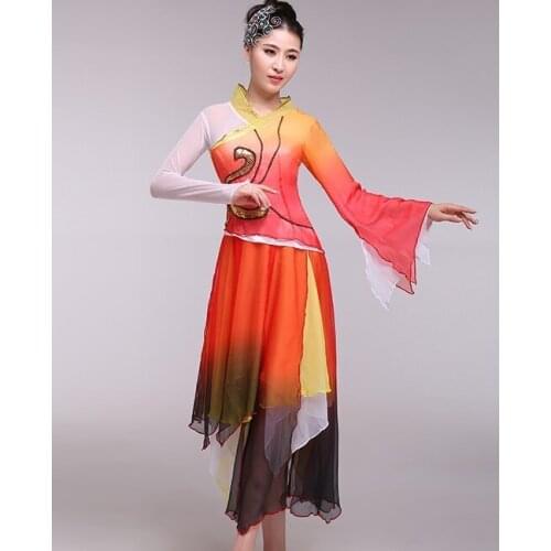 Orange Black Gradient Chiffon Yangge Dance Costume Classical Folk Dance Modern Dance Fan and Umbrella Dance Costume