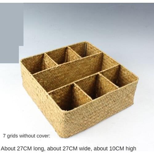 Hand-woven rattan storage box storage basket straw with a cover inside the three compartment storage box Without cover seven