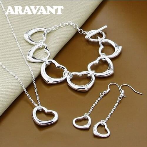 Luxury Women Wedding Bridal Jewelry Set 925 Silver Heart Necklaces Bracelets Long Chains Dangle Earrings Anniversary Gift