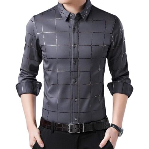 Plus Size Mens Casual Long Sleeve Turn Down Collar Checks Quality Solid Shirt Male Social Business Button Down Dress Shirts