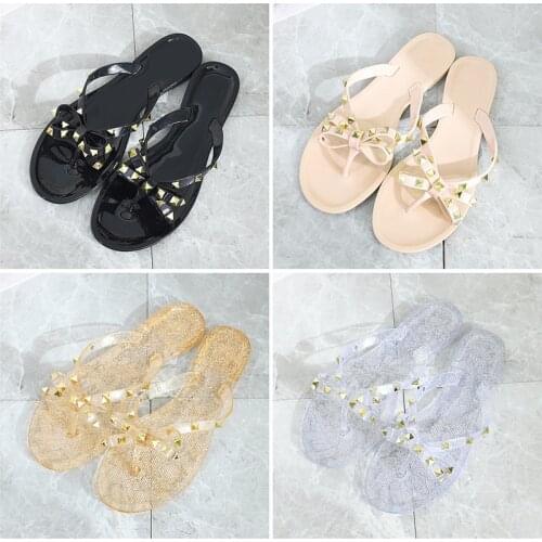 Rivets Bowknot Sandals Summer Woman Beach Flip Flops Jelly Shoes PVC Slides Girls Sandals Slip on Flat with Women Studs Slippers