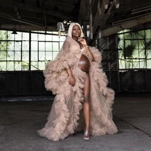 Gorgeous Dusty Pink Ruffles Long Pregnant Women Robe See Thru Tulle A-line Puffy Tulle Dress Maternity Photoshoot Vestidos