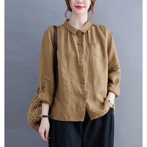 Women Cotton Linen Casual Shirts New 2021 Autumn Vintage Style Single-breasted Solid Color Loose Female Long Sleeve Tops B982