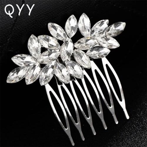 QYY Fashion Crystal Flower Hair Comb Clips for Women Accessories Silver Color Bridal Wedding Jewelry Party Pins Bride Headpiece