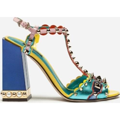 Pearls chunky high heel woman colorful leather T strap sandals spike woman chunky high heel sandal blue green colors