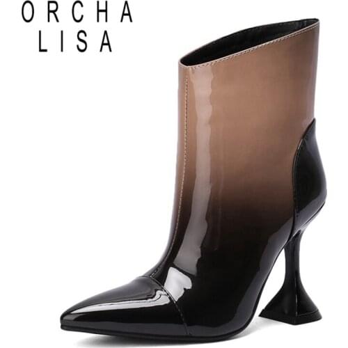 10cm Thin Heels Ankle Boots Patent Leather Women Sexy Lady Pointed Toe Shoes 2021 New Autumn Apricot Red Zip Patchwork S2355