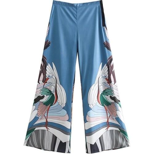 Womens pants 2019 new summer crane printing blue high waist fashion wide leg pants slim loose trousers