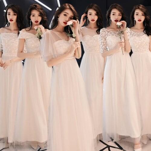 Bridesmaid Dresses Vintage Appliques Embroidery Pearls Off The Shoulder Lace Tulle O-Neck A-Line Women Wedding Party Gown E086